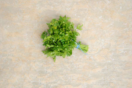 Bunch of ripe parsley on warm stone textured background. Above view.の写真素材