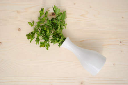 Bunch of parsley on wood texture bacgkround. Above view.の写真素材