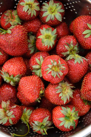 Fresh bowl of strawberries on dark background. Above view.の写真素材
