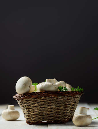 Champignon mushrooms in basket with huge copy spaceの写真素材