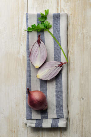 Red onion on blue textured canvasの写真素材