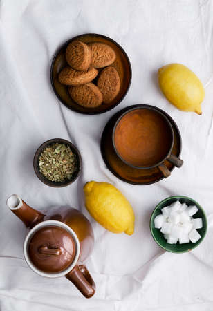 Preparing linden tea over white cloth. Above viewの写真素材