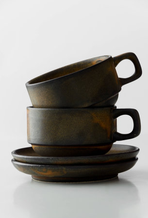 Stack of brown coffee mugs over white backgroundの写真素材