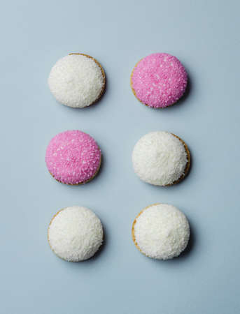 Marshamallow biscuits pink sugar and coconut sprinkles over blue background, above viewの写真素材
