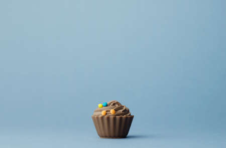 Single Chocolate Cup Cake over blue backgroundの写真素材