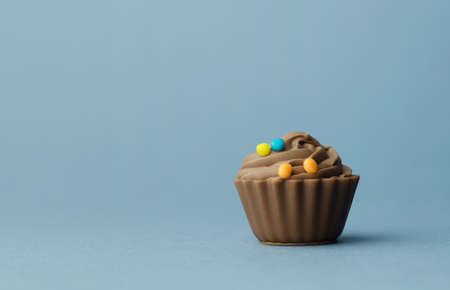 Single Chocolate Cup Cake over blue backgroundの写真素材
