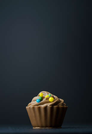 Single Chocolate Cup Cake over black background