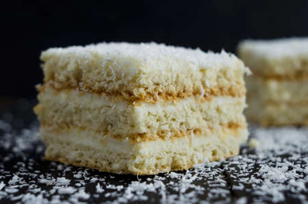 Close up of homemade lemon cake over dark backgroundの写真素材