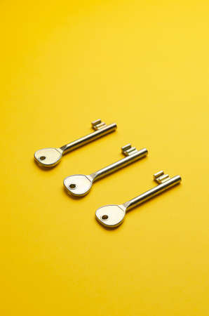 Simple door keys organized in a row over bright yellow backgroundの写真素材