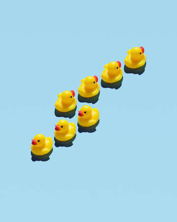 Yellow rubber ducks going in opposite directionの写真素材