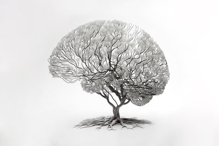 Wireframe brain that has been designed to resemble a tree. The branches of the tree represent the different regions and structures of the brain, while the roots represent the brain's connection to the body. Generative AIの素材