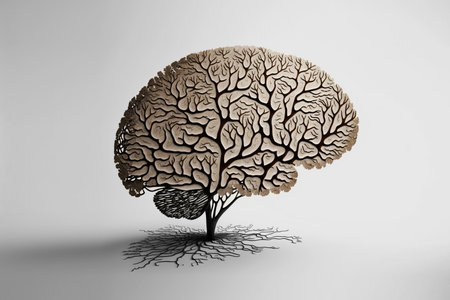 Wireframe brain that has been designed to resemble a tree. The branches of the tree represent the different regions and structures of the brain, while the roots represent the brain's connection to the body. Generative AIの素材