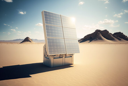Illustration of multiple solar panels in the desert. Generative AIの素材