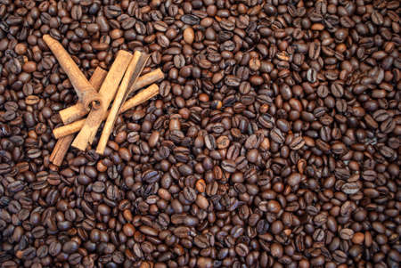 Cinnamon sticks on a background of coffee beansの写真素材