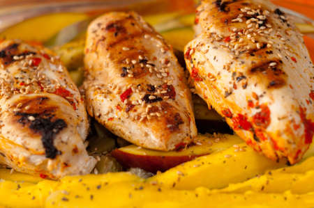 Chicken breast with mango garnishの写真素材