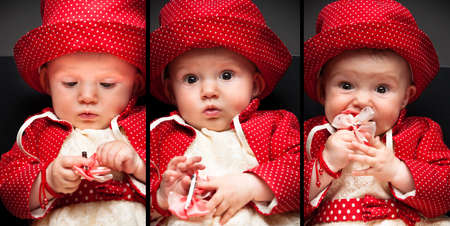 Collage of portraits of a little adorable seven months old baby child struggling with her toy の写真素材