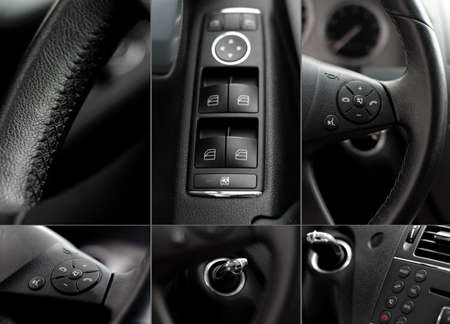 Car interior wheel, controls and radio details collage の写真素材
