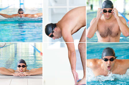 Collage of pictures with male model swimmer in indoor swimming poolの写真素材