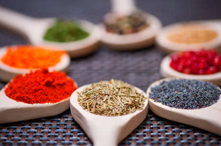 Various kind of spices on wooden spoon -  detail of chopped and dried tarragonの写真素材
