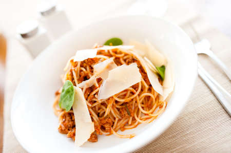Egg pasta with beef meat and tomatoes の写真素材