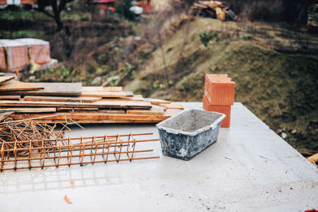 industrial construction site with tools and wire rodの写真素材