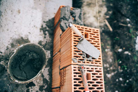 bricks details, construction site tools and bricklayer construction siteの写真素材