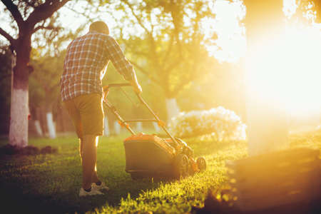 Evening details of industrial gardening and landscaping. Caucasian Gardener working with lawnmower and cutting grass during summer seasonの写真素材