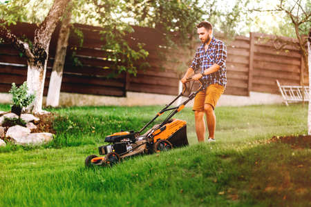 Portrait of man cutting the lawn, cutting the grass in backyard during summer sunset eveningの写真素材