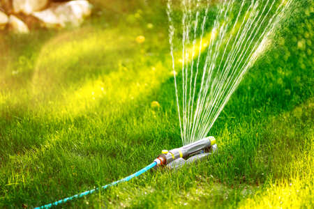Close up details of automatic lawn circular sprinkler. Details of irrigationの写真素材