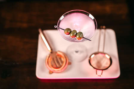 Dry vodka martini, gin tonic cocktail served in restaurant, pub and bar. Long drink cocktail conceptの写真素材