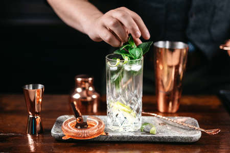 Professional bartender preparing and mixing cocktails at bar counter. Mojito cocktail served in restaurant, pub and bar. Long drink cocktail conceptの写真素材