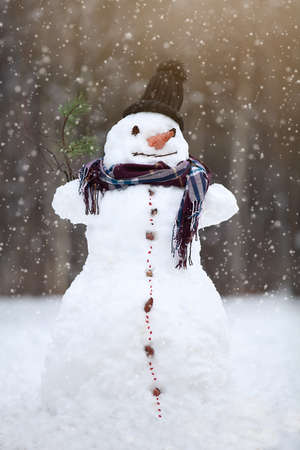 Big smiling snowman in a black hat sitting in the snow near the forest on winter's day.の写真素材