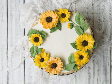 Napoleon cake with vanilla cream, decorated with buttercream flowers - sunflowers. Vintage style....