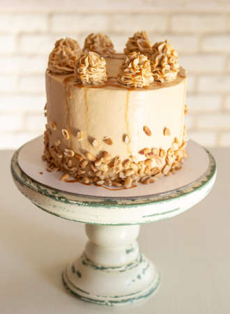 Chocolate cake with salted caramel, peanuts, decorated with caramel cream, nuts and salted caramel on a white cake stand on white background. Close up, copy space, selective focus.の写真素材