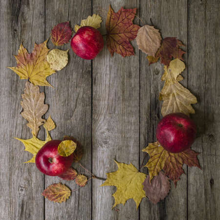 Autumn composition. Wreath made of autumn leaves and red apples on old wooden background. Flat lay, top view, copy space. Mockup,の写真素材