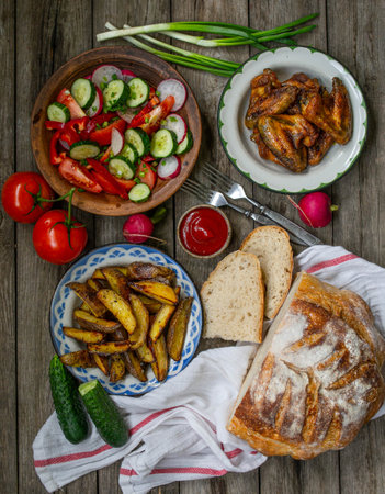 French fries, wings, salad, vegetables, bread on an old wooden background. Rural dinner, summer picnic. Top view. Flat lay.の写真素材