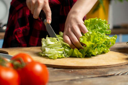 hands of the girl cut lettuce on a wooden table, a woman prepares a veggie salad, healthy food, a knife chops greensの写真素材