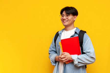 asian young male student in glasses with backpack holding books and going to study on yellow isolated background, korean guy in denim shirt smiling and looking awayの写真素材