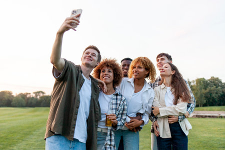 group of multiracial young people take selfies on smartphone and take pictures in the park, interracial students communicate via video communication online outdoorsの写真素材