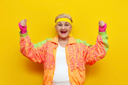 old funny grandmother in a youth tracksuit rejoices in victory with raised hands on a yellow...