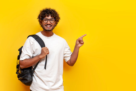 young indian guy student in a white t-shirt with glasses and with a backpack points to the side on a yellow isolated background, a curly man goes to college to study and advertises copy spaceの写真素材