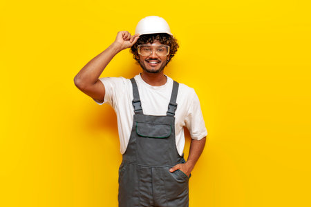 young indian male builder in hard hat and overalls smiling and looking at camera on yellow isolated background, indian foreman in uniform and safety glassesの写真素材