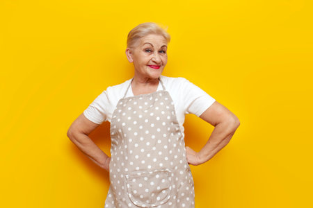 cheerful old grandmother housekeeper in an apron smiling on a yellow isolated background, elderly woman housewife looking into the cameraの写真素材