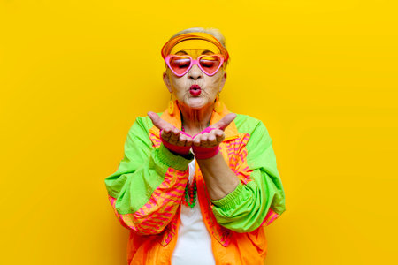 funny crazy granny in hipster clothes glasses and cap sends an air kiss on a yellow isolated background, elderly cool woman in fashionable youth clothes holds empty hands and shows flirting gestureの写真素材