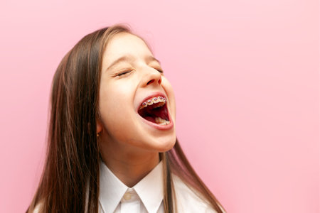 cheerful little teenage girl with braces screams loudly and announces on a pink isolated background, a child with an open mouth speaksの写真素材