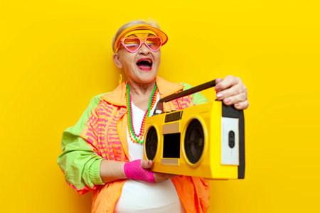 funny crazy granny in hipster clothes listening to music on tape recorder and singing on yellow isolated background, elderly cool woman dancing at party and screamingの写真素材