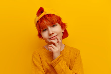 red-haired teenage boy in cap smiling on yellow isolated background, cheerful child with orange hairstyle and hat looking at cameraの写真素材