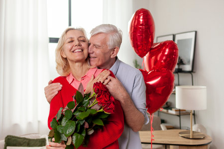 old man senior gives flowers and heart-shaped balloons to his wife and congratulates on the holiday at home, elderly couple celebrates Valentines Day and makes romantic dateの写真素材