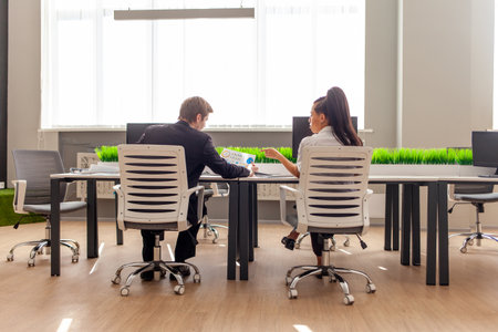 African American woman and European young man in business suit sitting in office and discussing...