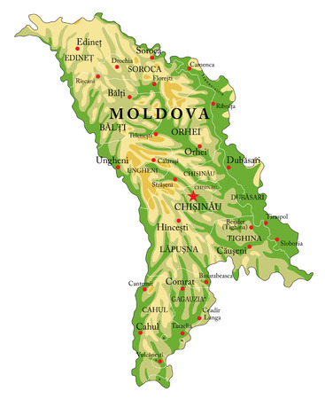 Highly detailed physical map of Moldova,in vector format,with all the relief forms,regions and big cities.のイラスト素材